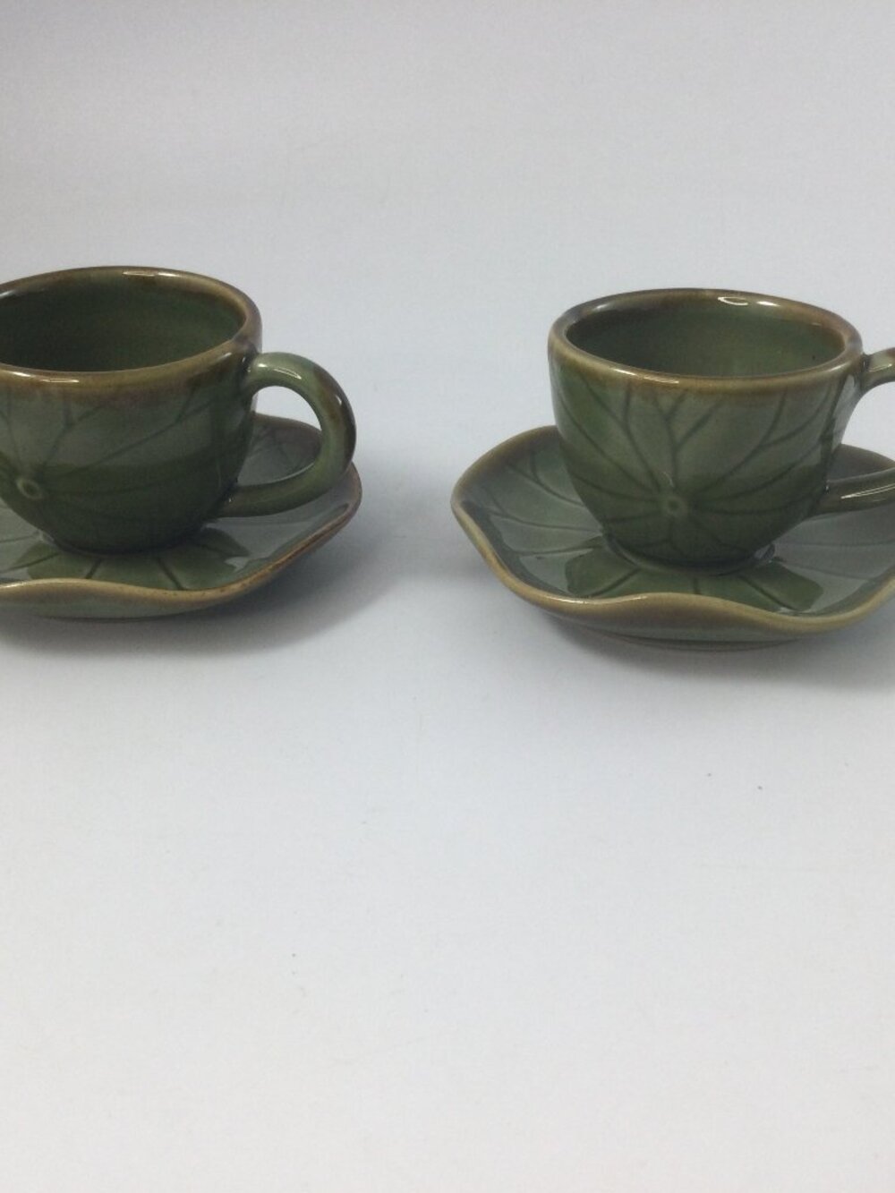Jenggala Keramic Lotus Teacups Espresso Saucers Set of 2 Green Glaze READ